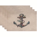 Set di 4 tovagliette nautiche con ancora e stella marina su tessuto stile lino - Stile Ancora Stella Marina Rosso Corallo (zd3)