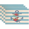 Set of four linen placemats with nautical anchor and floral pattern on striped background - Nautical Floral / Blue-White Stripes (Style 4) / 45x30cm
