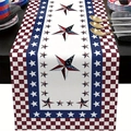Independence Day table runner with red white and blue star patterns on dark wood - Blue Border Stars Gingham Patchwork Star (16) / 33x183cm