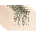 Set of 4 cream placemats featuring green hanging plant prints made of textured cotton linen - Hanging Plant Style (款式12)
