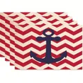 Set di 4 tovagliette in lino con ancora marina e motivo a onde bianche e rosse - Ancora / Motivo a Onde Rosso-Bianco (Stile 5)