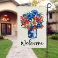 Double-sided linen American Independence Day garden flag with floral jar and Welcome text - Linen / Welcome Patriotic Jar Flowers Style (19)