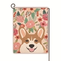 Close-up of double-sided linen garden flag with Corgi and floral patterns on metal stand - Wreath Encircled Corgi Portrait (10)