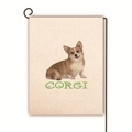 Detail of linen garden flag with realistic corgi print and corgi text on metal stand - Heart Decorated Corgi (11)