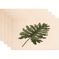 Set of 4 placemats with green tropical leaf patterns on beige linen fabric texture - Tropical Single Leaf Style (款式13)