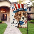 Beagle garden flag with patriotic hat and America text on linen fabric for yard decor - Linen / America Beagle Dog Style (20)