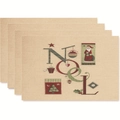 Set of 4 beige Christmas placemats featuring NOEL letters and festive illustrations - Style 13