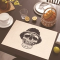 Linen placemat with black skull illustration wearing hat and sunglasses on table - Skull with Wide-brimmed Hat and Sunglasses (Style 12)