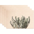 Set of 4 tropical cactus printed placemats in beige faux linen for table decoration - Watercolor Cactus Style (款式14)