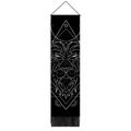 Vertical black lion zodiac tapestry with geometric white lines and bottom tassels - 32.5x130cm / Abstract Lion Totem Style (Style-7)