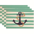 Set di 4 tovagliette nautiche con ancore e strisce blu su trama in tessuto lino - Catena di Ancora / Strisce Teal-Bianche (Stile 7)