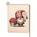Detail of linen garden flag with gnome holding Happy Mother's Day sign on black metal stand - Floral Hat Gnome Pushing Cart Style 5 / 45x30cm