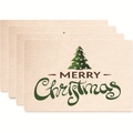 Set of 4 Merry Christmas placemats featuring green trees on beige linen fabric - Style 14
