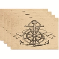 Set of 4 vintage nautical placemats with anchor and helm patterns on linen texture - Vintage Rudder Anchor Style (zd7)