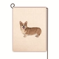 Detail of linen garden flag featuring a realistic corgi dog print on a metal stand - Realistic Corgi Portrait (1)