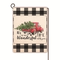 Christmas garden flag with vintage red truck and black white plaid on burlap fabric - Red Pickup Wonderful Time (6) / 45*30cm