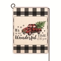 Dettaglio bandiera da giardino in lino con camion rosso e albero di Natale su sfondo bianco - Camion a Quadri Rossi e Neri (10) / 45*30cm