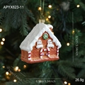 Gingerbread house Christmas ornament with candy cane details and snowy roof design - Snow Cabin Style