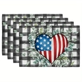 Set of 4 patriotic Independence Day placemats with buffalo plaid and flag heart design - Plaid Heart Flag Eucalyptus (19) / 30*45cm (Linen)