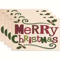 Set of 4 beige Merry Christmas placemats with festive red green letters and berries - Style 15