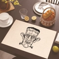 Linen placemat with Frankenstein skull illustration on a rustic wooden dining table - Frankenstein Head Illustration (Style 14)