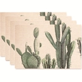 Set of 4 beige placemats with green cactus print on textured fabric surface - Cactus Combination Style (款式16)