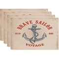 Set of 4 vintage nautical placemats with anchor print and Brave Sailor text in beige linen - Style 8 / 45*30 (flax)