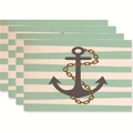 Set di 4 tovagliette a righe verde menta con motivo ancora per tavolo da pranzo - Ancora Marrone / Strisce Menta (Stile 9)