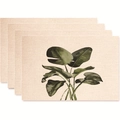 Set of 4 placemats with green tropical leaf prints on beige linen texture fabric - Tropical Broadleaf Style (款式17)