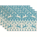 Set of four blue and beige Christmas placemats featuring reindeer and snowflake patterns - Blue White Reindeer Bird Snowflake Style (Style 10)