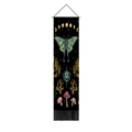 Vertical wall tapestry with moon phases, moth, and mushrooms on black fabric with fringe - 32.5x130cm / Moon Phase Moth Mushroom (Style-1)
