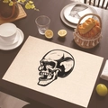 Linen placemat with black skull print on beige fabric for dining table decor - Hand-drawn Giant Skull (Style 16)