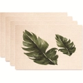 Set of 4 linen texture placemats featuring tropical green leaf patterns on beige fabric - Green Tropical Leaf Style (款式18)