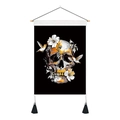 Detailansicht des Totenkopf-Wandteppichs mit Blumen, Kolibris und schwarzen Quasten - 35x50cm / Vintage Art Schädel (Stil 2)