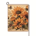 Double-sided linen garden flag with sunflowers and insects on a black metal stand - Three Sunflowers With Bee And Butterfly (3) / 45x30cm