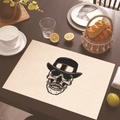 Linen table mat featuring a vintage black skull with hat and mustache design - Skull with Top Hat and Mustache (Style 17)