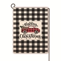 Close-up of burlap Christmas garden flag with vintage red truck and buffalo plaid border - Red Black Plaid Tree Truck (2) / 45*30cm