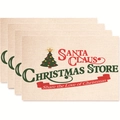 Set of 4 Christmas placemats featuring green tree and Santa Claus print on faux linen - Style 18