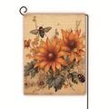 Double-sided linen garden flag with sunflower bee design and vintage hanging stand - Vintage Floral With Beetle (4) / 45x30cm