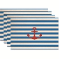 Set di 4 tovagliette in lino a righe bianche e blu navy con motivo ancora rossa - Ancora Rossa / Strisce Orizzontali (Stile 11)