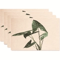 Set of 4 heat-resistant placemats with green tropical leaf prints on beige linen fabric - Alocasia Leaf Style (款式19)