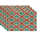 Set of 4 vintage bohemian placemats with geometric red and turquoise patterns - Vintage Red & Cyan Geometric Lines (Style 01)