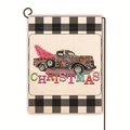 Christmas garden flag with vintage grey pickup truck and pink tree on linen fabric - Gray Truck Pink Tree (4) / 45*30cm