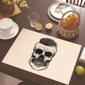 Linen placemat with black skull illustration on rustic wooden dining table - Vintage Hair and Beard Skull (Style 19)
