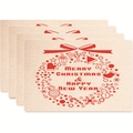 Set of 4 Merry Christmas placemats made of beige linen featuring red festive wreaths - Style 20