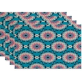 Set of 4 Bohemian table mats with pink mandala patterns on dark teal linen fabric - Pink Mandala Floral (Style 02)