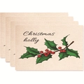 Set of 4 Christmas holly placemats with red berries and leaf print on linen texture - Style 21