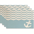 Set di 4 tovagliette in lino con onde blu e motivi di ancore beige per la tavola - Ancora Patchwork Onde Blu (Stile 14)