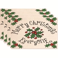 Set of 4 Merry Christmas placemats with holly berries on beige linen-like fabric - Style 22