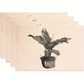 Set of 4 placemats featuring green potted plant prints on cream faux linen fabric - Ink Wash Potted Plant Style (款式22)